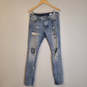 MNML Jeans Men's 30x33 Blue Slim Taper Distressed Denim Pants Ankle Zip